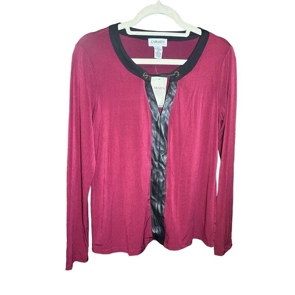 Carmen Marc Valvo wine red long sleeve blouse with faux leather accent sz S NEW